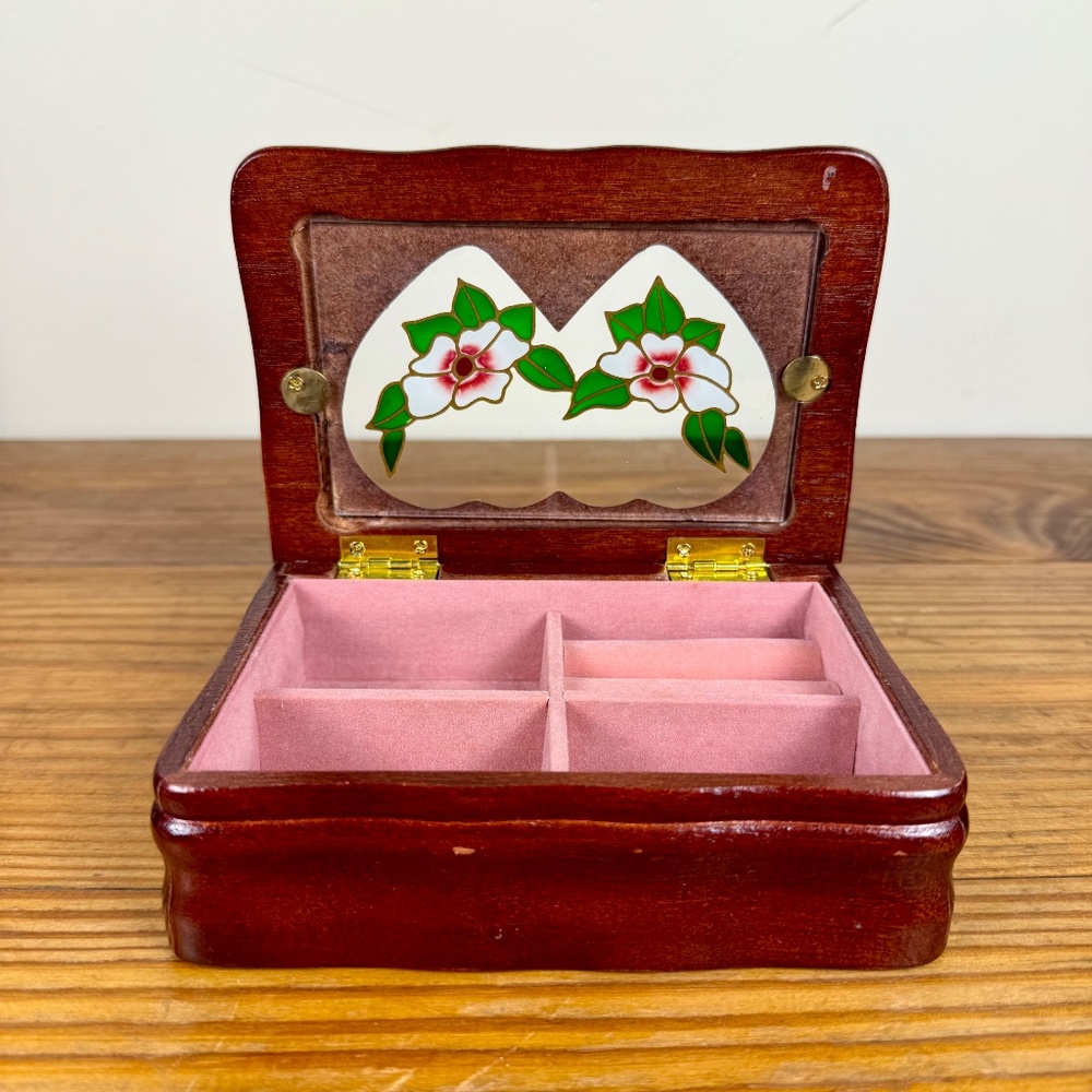 Vintage Wooden Jewelry Box | Heart Window Lid with Floral Inlay - Picture 4 of 13